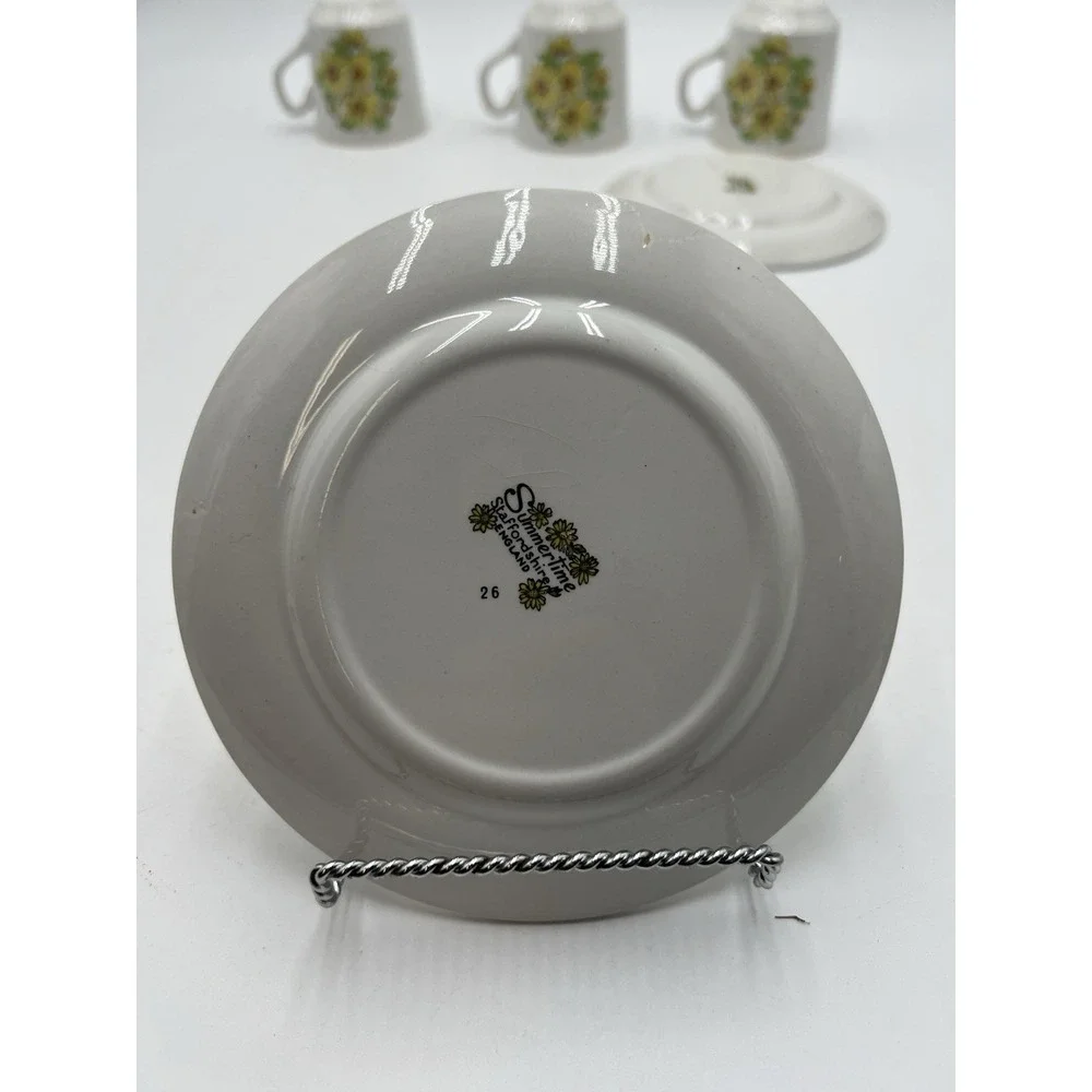 Staffordshire Summertime England 7 Pc Tea Set 3 Cups 4 Saucers Yellow Daisy